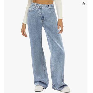 Baggy Wide Leg High Waisted Blue Boyfriend Denim Jeans Diagonal Zipper Small
